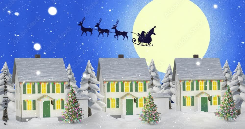 Animation of snow falling over christmas sant claus, full moon and winter scenery Animation of snow falling over christmas sant claus, full moon and winter scenery