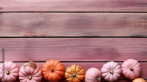 A group of pumpkins on a light pink color wood boards