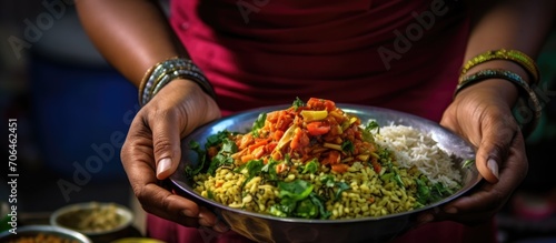Woman serving bhel puri, an Indian street food from Mumbai, consisting of tomatoes, green chillies, coriander leaf, and served with chutney.