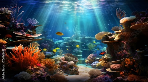 Underwater scene with corals and fishes. Panoramic view.