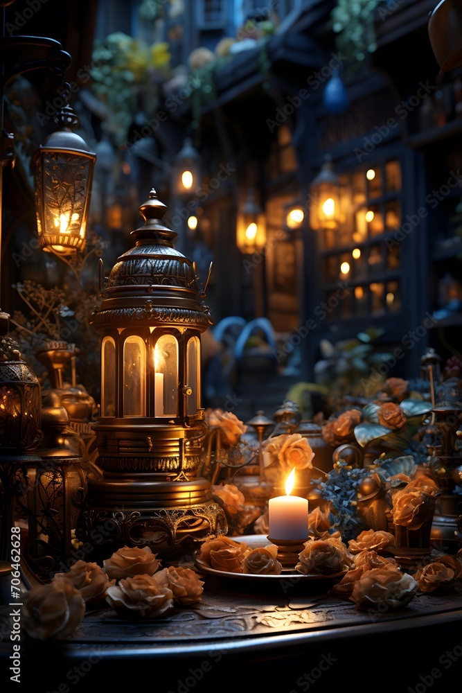 Lanterns, candlesticks and candles on the table in the old city