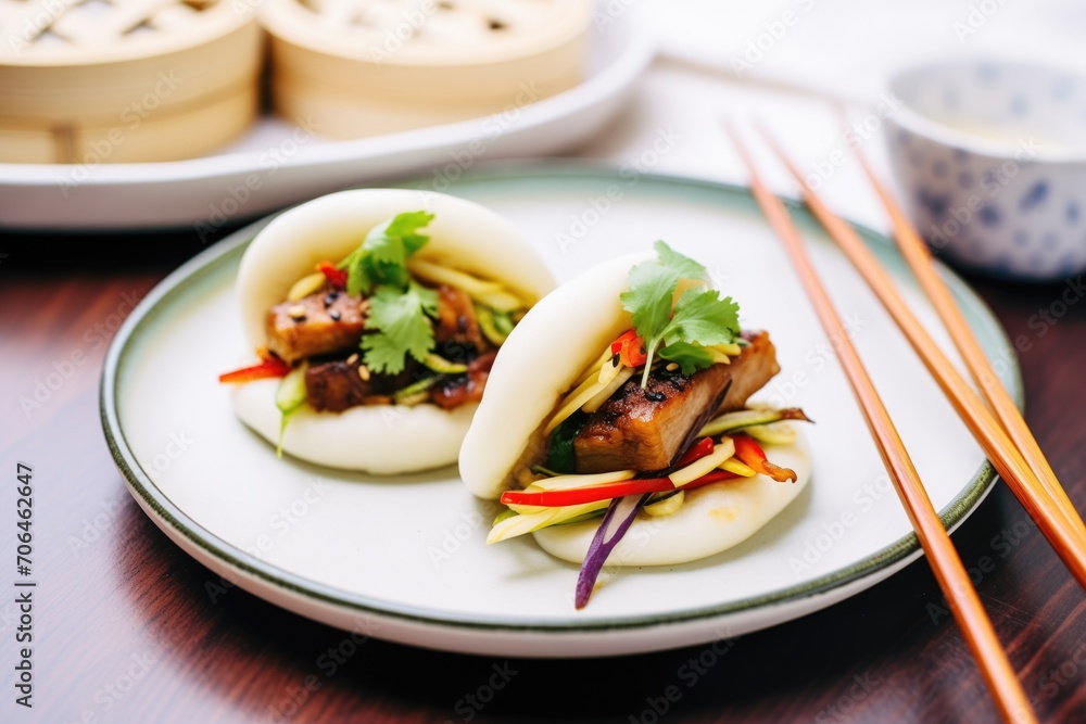 bao buns with a side of soy sauce and ginger