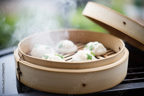 fresh bao buns in bamboo steamer with steam