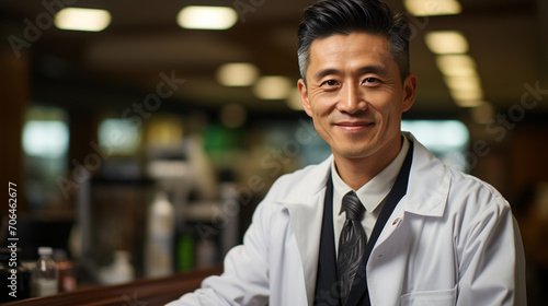 
Asian pharmacist working in pharmacy. Doctor in his office dressed in a gown, white and background with copy space.