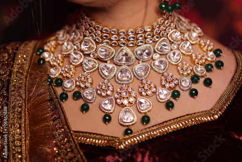 Closeup of kundan necklace on indian bride, kundan jewellery photo