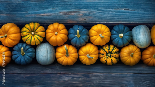A group of pumpkins on a vivid blue color wood boards