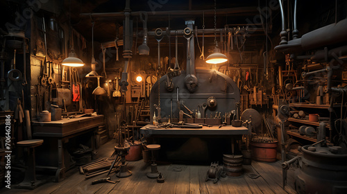 Studio blacksmith retro workshop, concept vintage aesthetic, studio tool blacksmith presentable photo