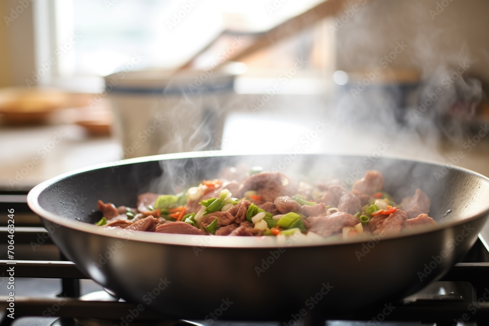 cooking beef teriyaki in a wok with steam rising cooking beef teriyaki in a wok with steam rising