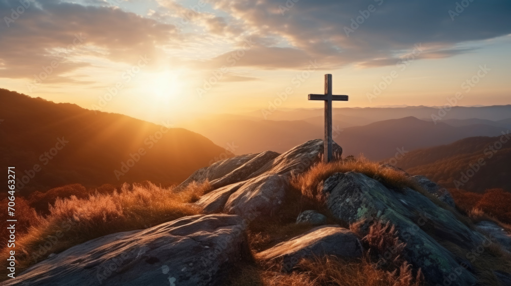 Holy cross the symbol of death and resurrection of Jesus Christ with dramatic sunset. - obrazy, fototapety, plakaty 