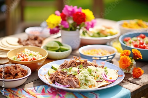 colorful beef taco buffet with fresh toppings on picnic table