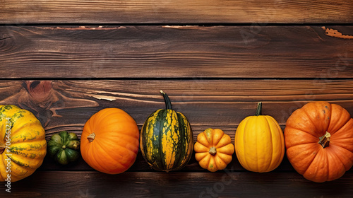 A group of pumpkins on a colorful color wood boards