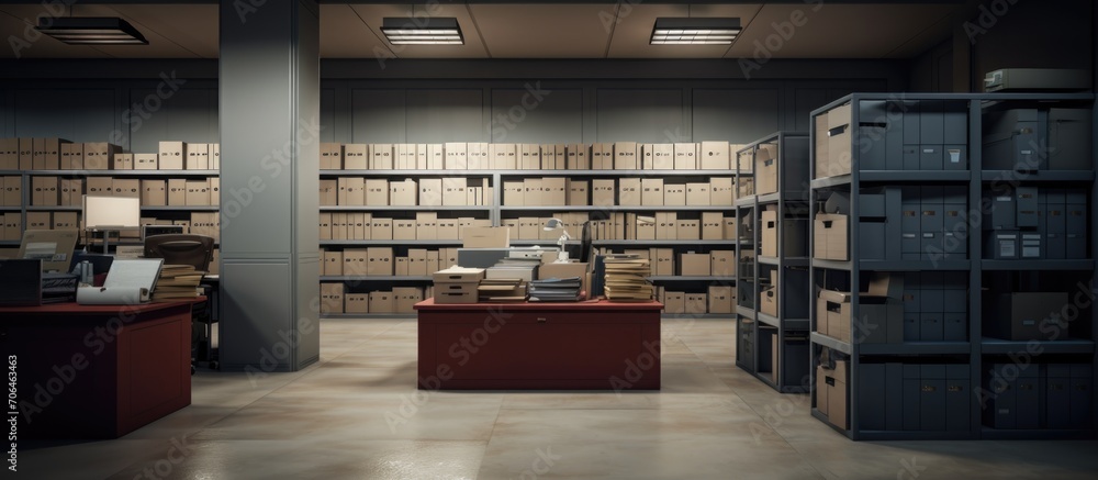 Archive room, a secure location for storing crime evidence during investigation, contains federal confidential files and missing person case documents in an empty detective space. - obrazy, fototapety, plakaty 