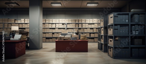 Archive room, a secure location for storing crime evidence during investigation, contains federal confidential files and missing person case documents in an empty detective space. photo