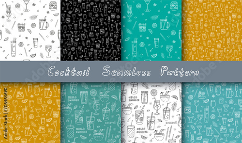 Collection of  seamless pattern with acoholic and non-acoholic cocktai and glasses. Great for decoration interior, print posters, banner, menu design, packaging. Doodle style. Hand drawn photo