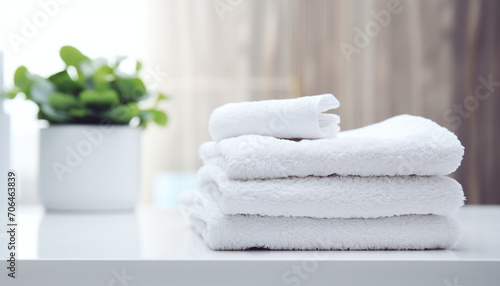 White clean towels on wooden table in bathroom. Space for text 