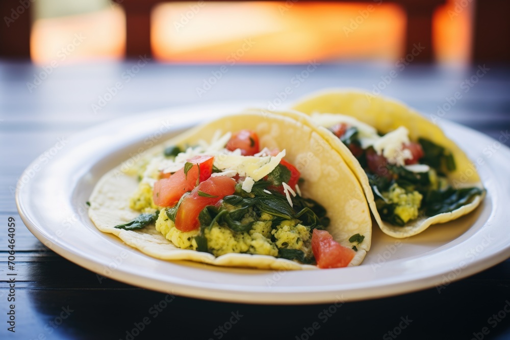 handmade tortilla tacos with scrambled eggs and salsa verde