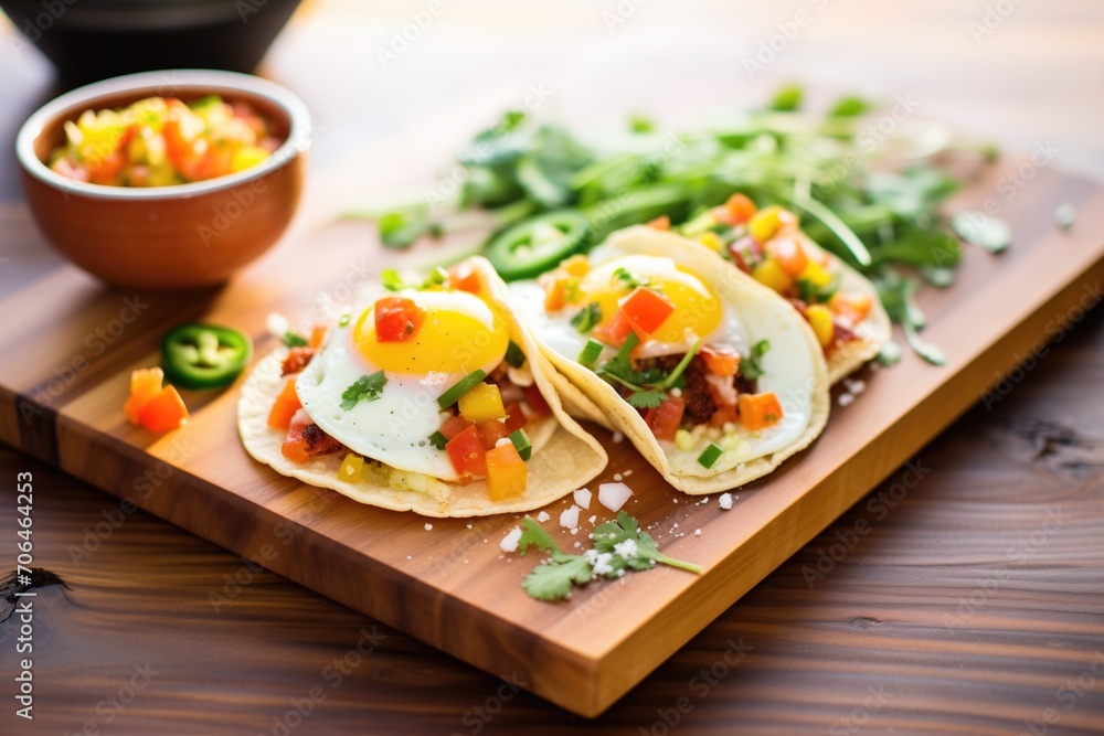 tacos with sunny-side up eggs and salsa on a wooden board tacos with sunny-side up eggs and salsa on a wooden board