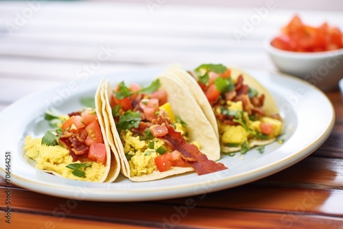 freshly made tacos with scrambled eggs and bacon on a white plate