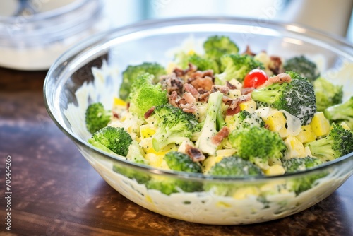 drizzle of mayonnaise over broccoli raisin salad in glass bowl