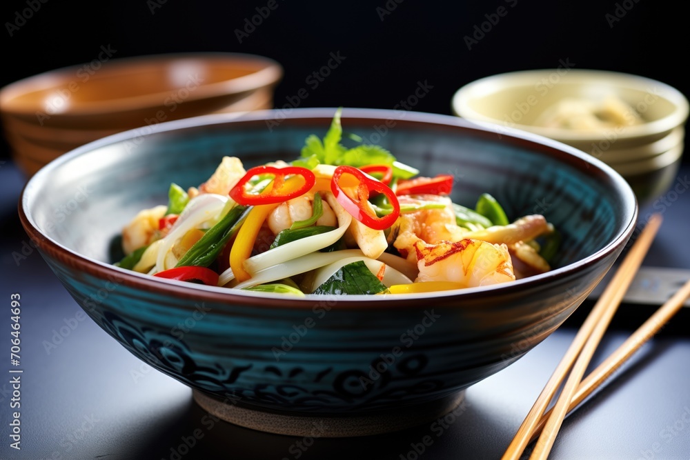 calamari and vegetable stir-fry in black asian bowl calamari and vegetable stir-fry in black asian bowl