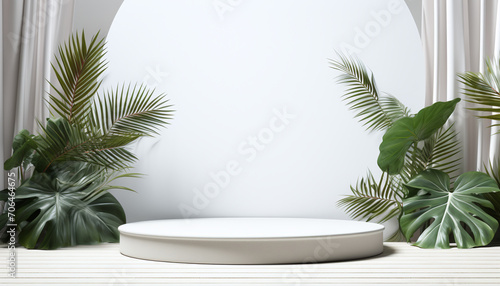 White podium stage on sandy beach for product presentation with palm leaves and white wall background.
