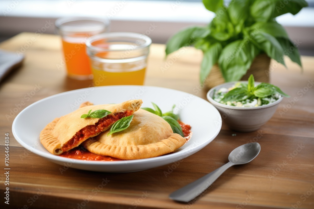 fresh calzone beside a bowl of marinara sauce fresh calzone beside a bowl of marinara sauce