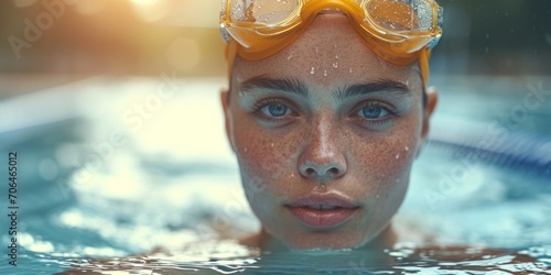 Face of female sport swimmer, swimming in the water in pool