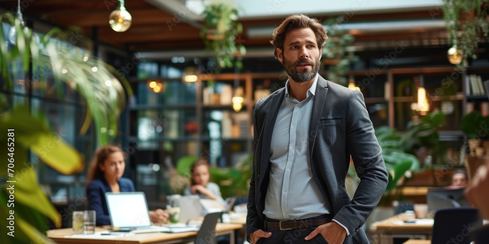 Handsome businessman standing explaining a project to his colleagues on coworking place, Handsome businessman standing explaining a project to his colleagues on coworking place,
