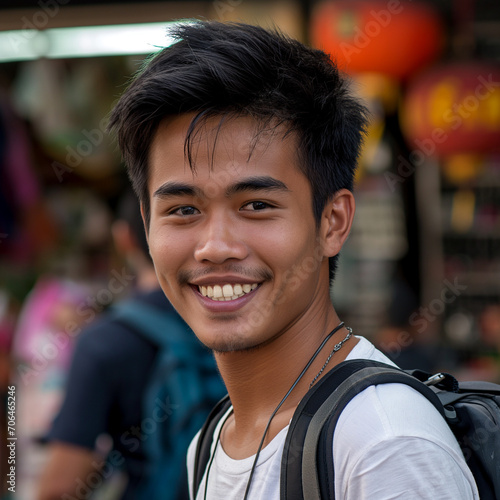 a young male, thai tour guide with an evil smile