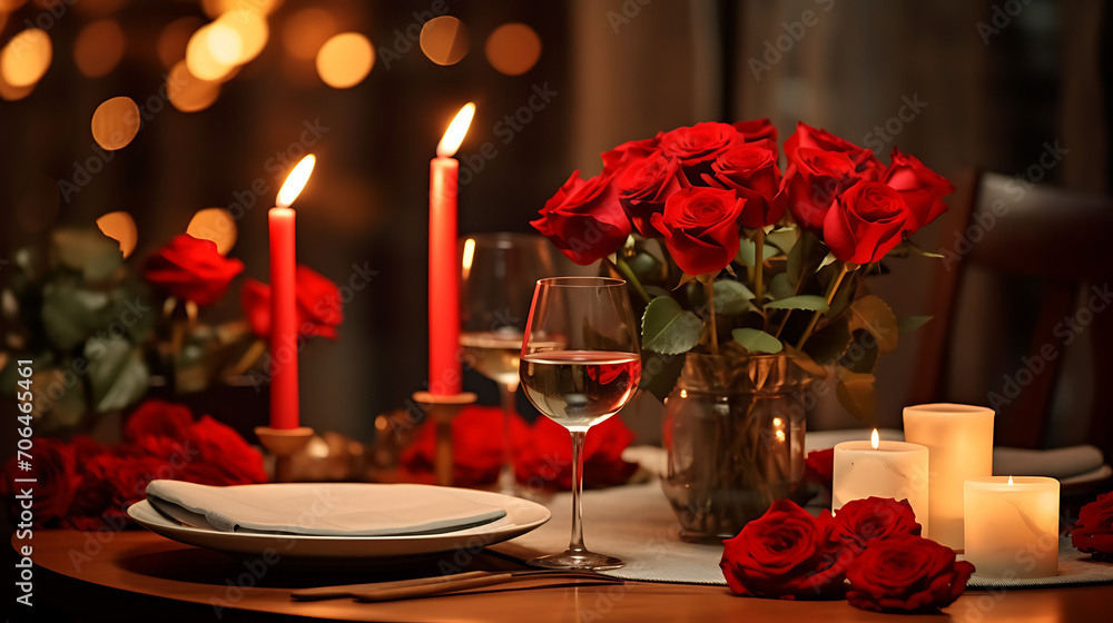 Romantic dinner setting in the beautiful restaurant atmosphere with flowers and silverware, candles and red roses on table with blurred lights on the background Romantic dinner setting in the beautiful restaurant atmosphere with flowers and silverware, candles and red roses on table with blurred lights on the background