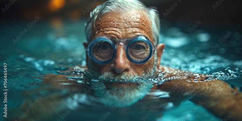 Face of Happy Old man swimming in indoor pool