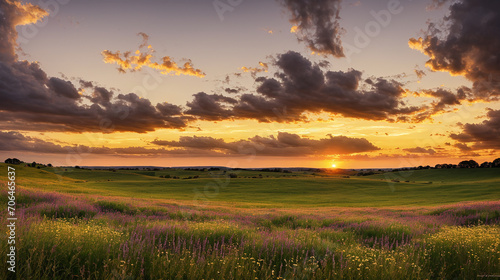 beautiful landscapes of sunset in the field  golden hour scenery background