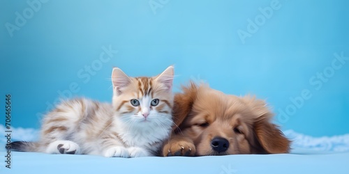 Cute fluffy cat and dog lying together. Pets on blue background, copy space.