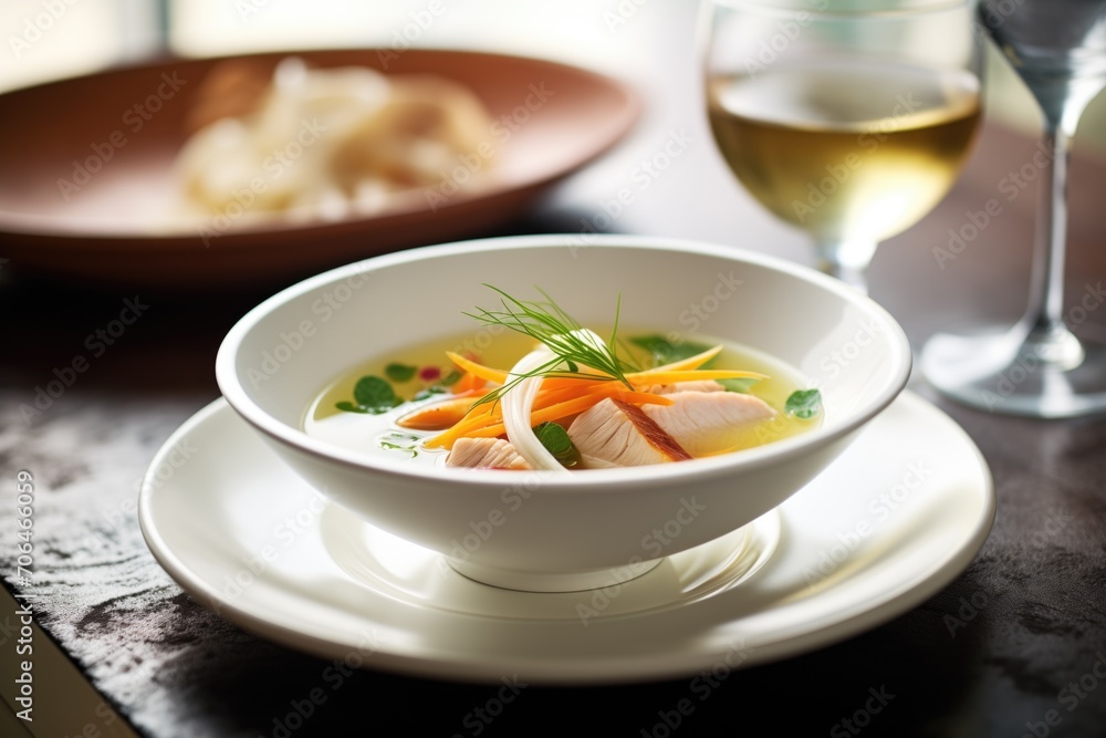elegant presentation of chicken noodle soup in a shallow bowl elegant presentation of chicken noodle soup in a shallow bowl