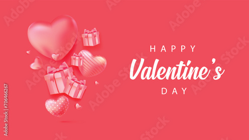Happy Valentine's Day with calligraphy text. Horizontal banner for the website. Romantic background with realistic design elements, gift box, metal hearts, balloons in the shape of heart, strewn.