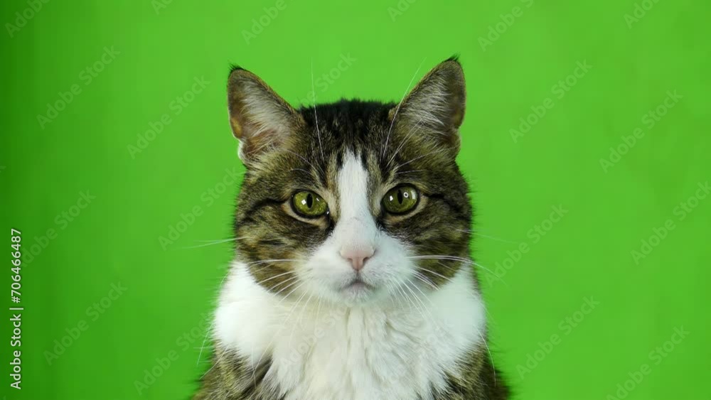 Gray cat isolated on green screen 4K in slow motion. Emotions of a cat blank for advertising. Pet chromakey footage. Gray cat isolated on green screen 4K in slow motion. Emotions of a cat blank for advertising. Pet chromakey footage.