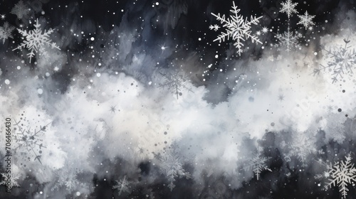 Painted background, abstract watercolor splashes with snowflakes. Winter snow concept. Black and white colored.