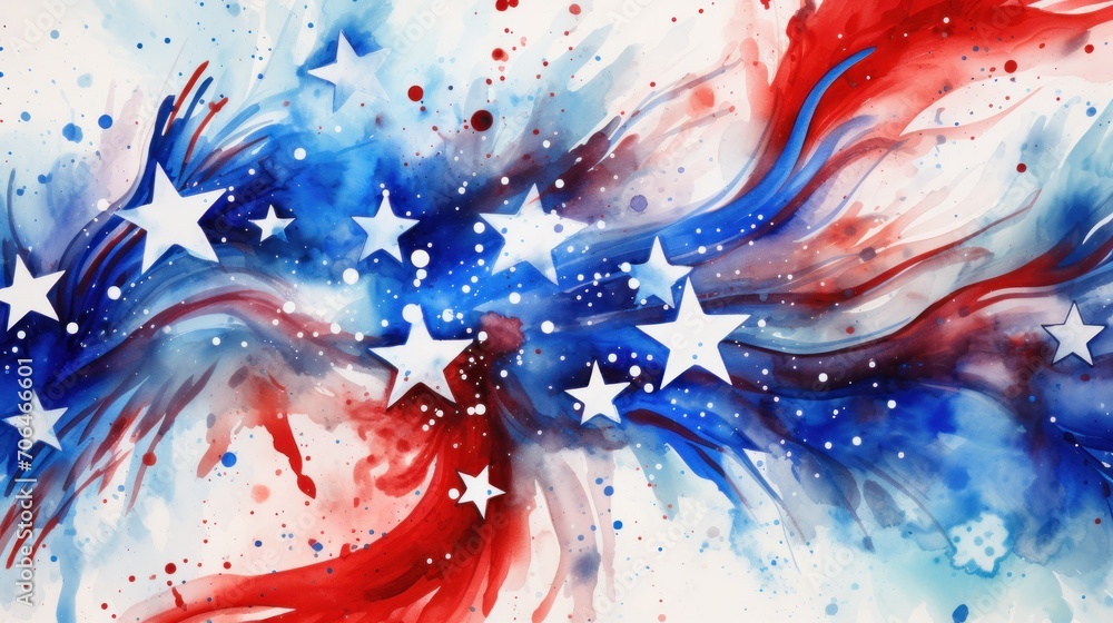 Watercolor splashes in red and blue colors with stars. USA national holiday concept background. - obrazy, fototapety, plakaty 
