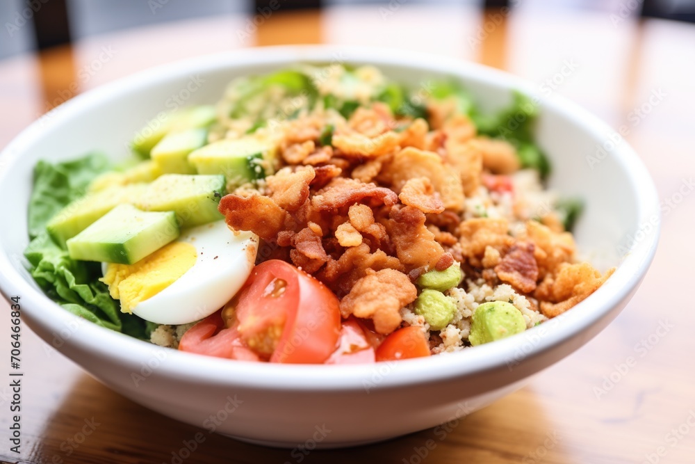 close-up of a cobb salad focusing on tomato and bacon bits