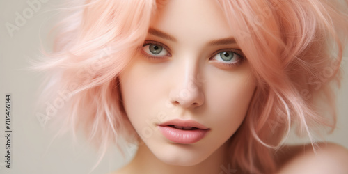 Beauty portrait of a woman with Peach Fuzz tones hair. Expressing her creativity