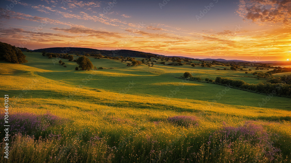 beautiful landscapes of sunset in the field, golden hour scenery background