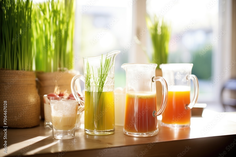 juices in glass pitchers with handles, bright sunlight, turf juices in glass pitchers with handles, bright sunlight, turf