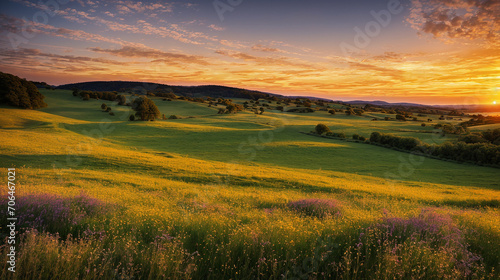 beautiful landscapes of sunset in the field, golden hour scenery background