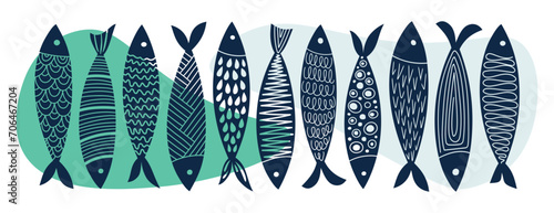 Collection of vector hand-drawn cute abstract fish in flat style. Fish body, vector icons. Vector illustration for icon, logo, print, icon, pattern, clipart