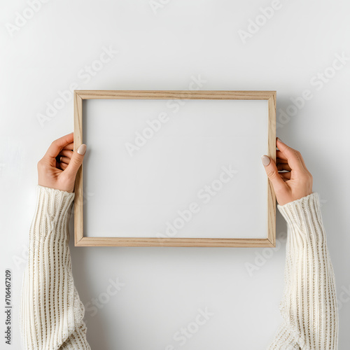 Person holding a framed photo mockup isolated on white background, simple style, png 
