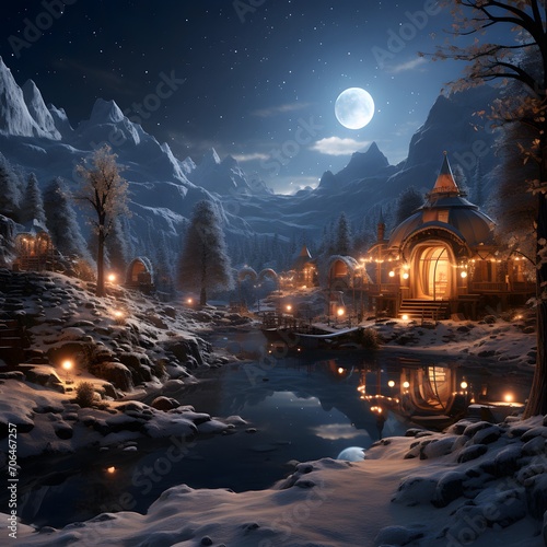 Fantasy winter landscape with a small village in the mountains and a pond.