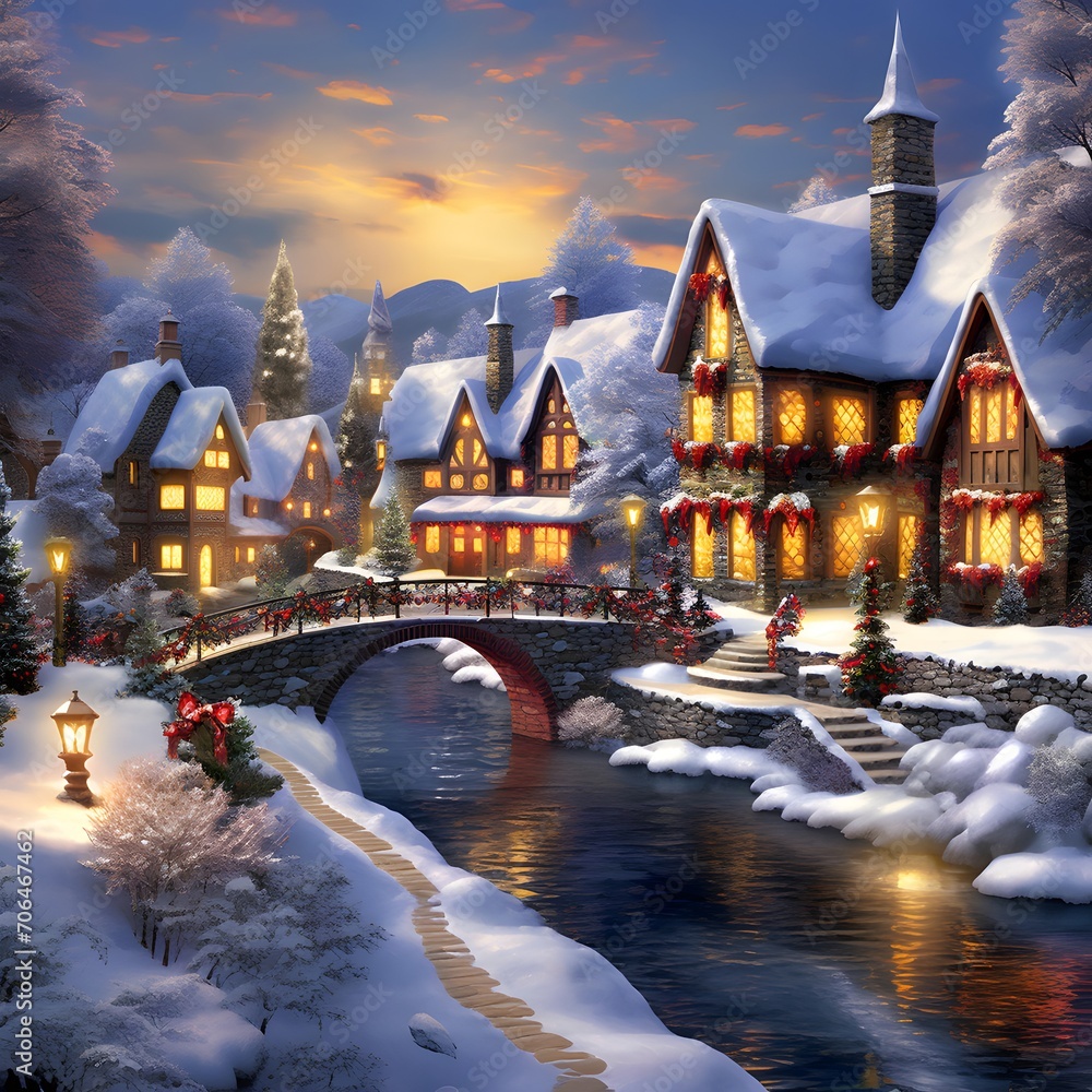 Winter village with a bridge over the river in the evening. 3d rendering