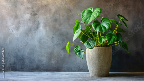 Houseplant in a vase on a gray concrete wall background.