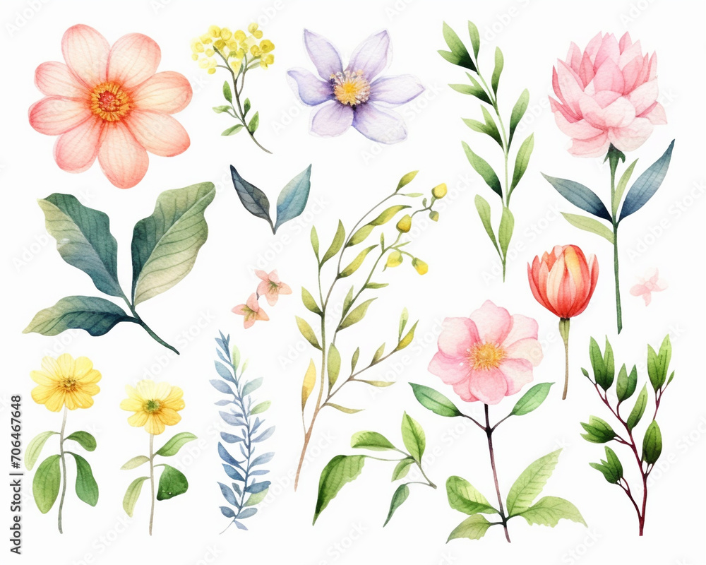 Spring flowers and leaves collection, isolated elements in pastel colors, watercolor illustration