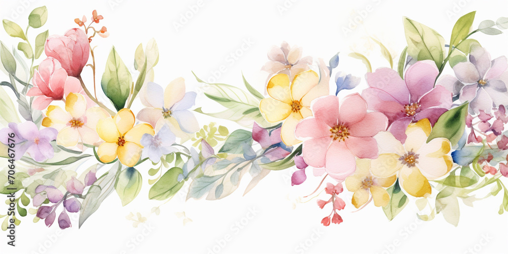 Naklejka premium Spring flowers arrangement. Floral ornament. Pastel color, isolated watercolor illustrator.